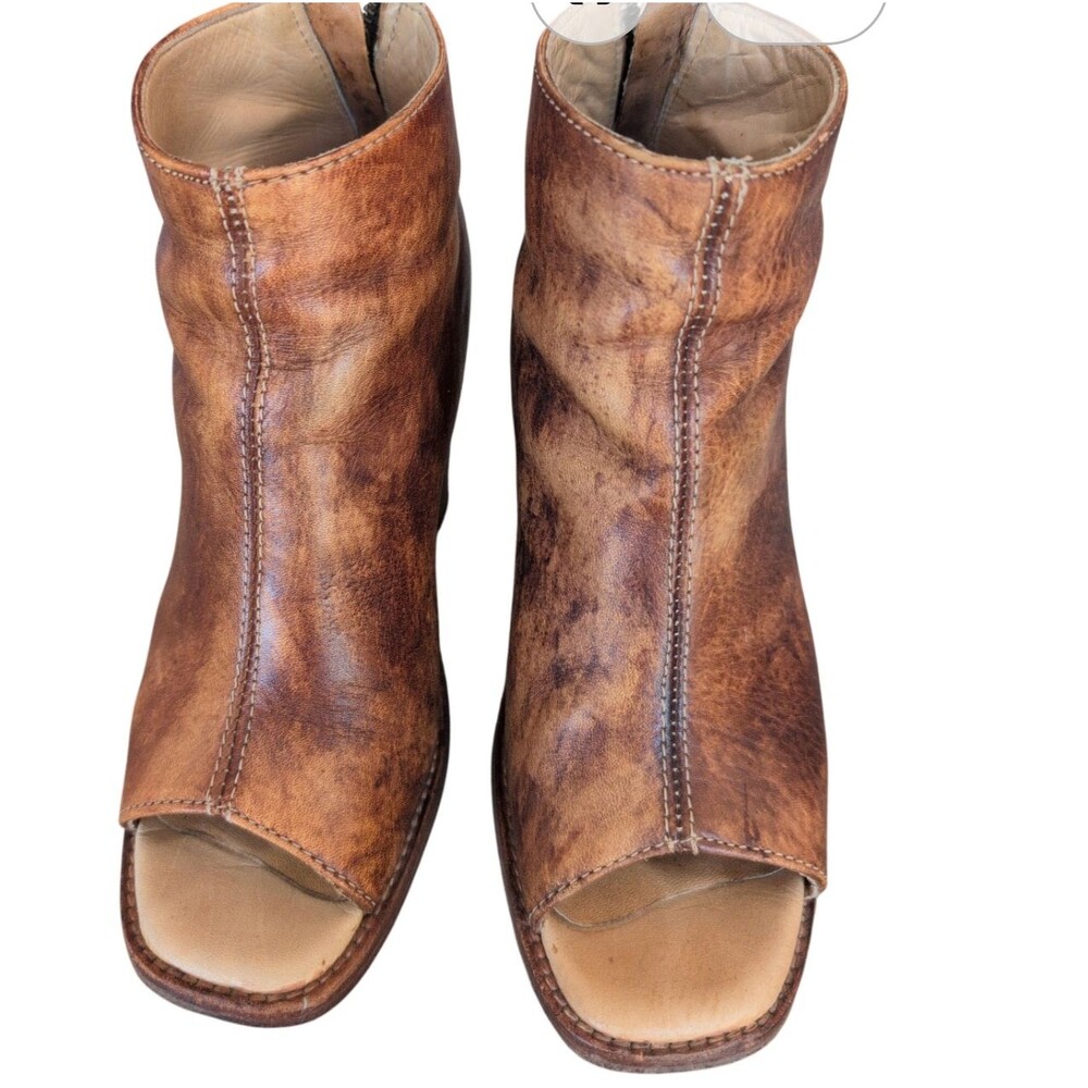BED|STU Onset Peep-Toe Fringe Ankle Boots Distressed Leather Size 6